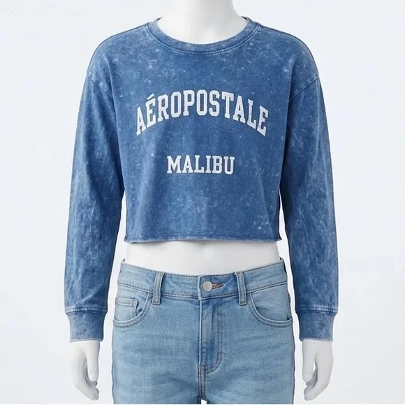 🤩Aeropostale Girls Cropped Malibu Long Sleeve Tee Blue Acid Wash 14/16 - Picture 1 of 5